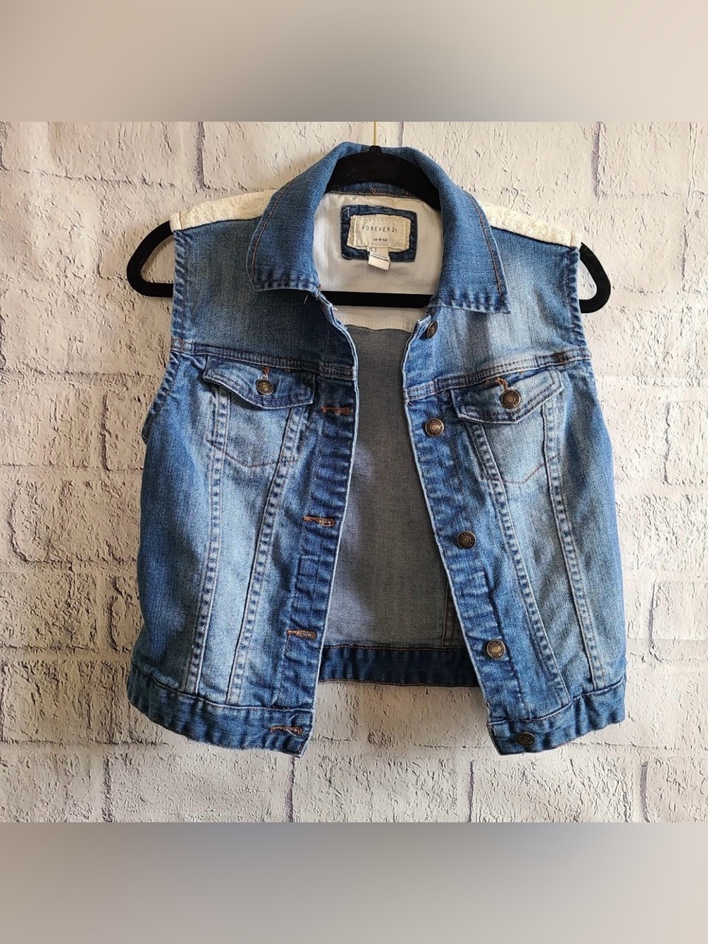 Forever 21 denim vest with lace detail